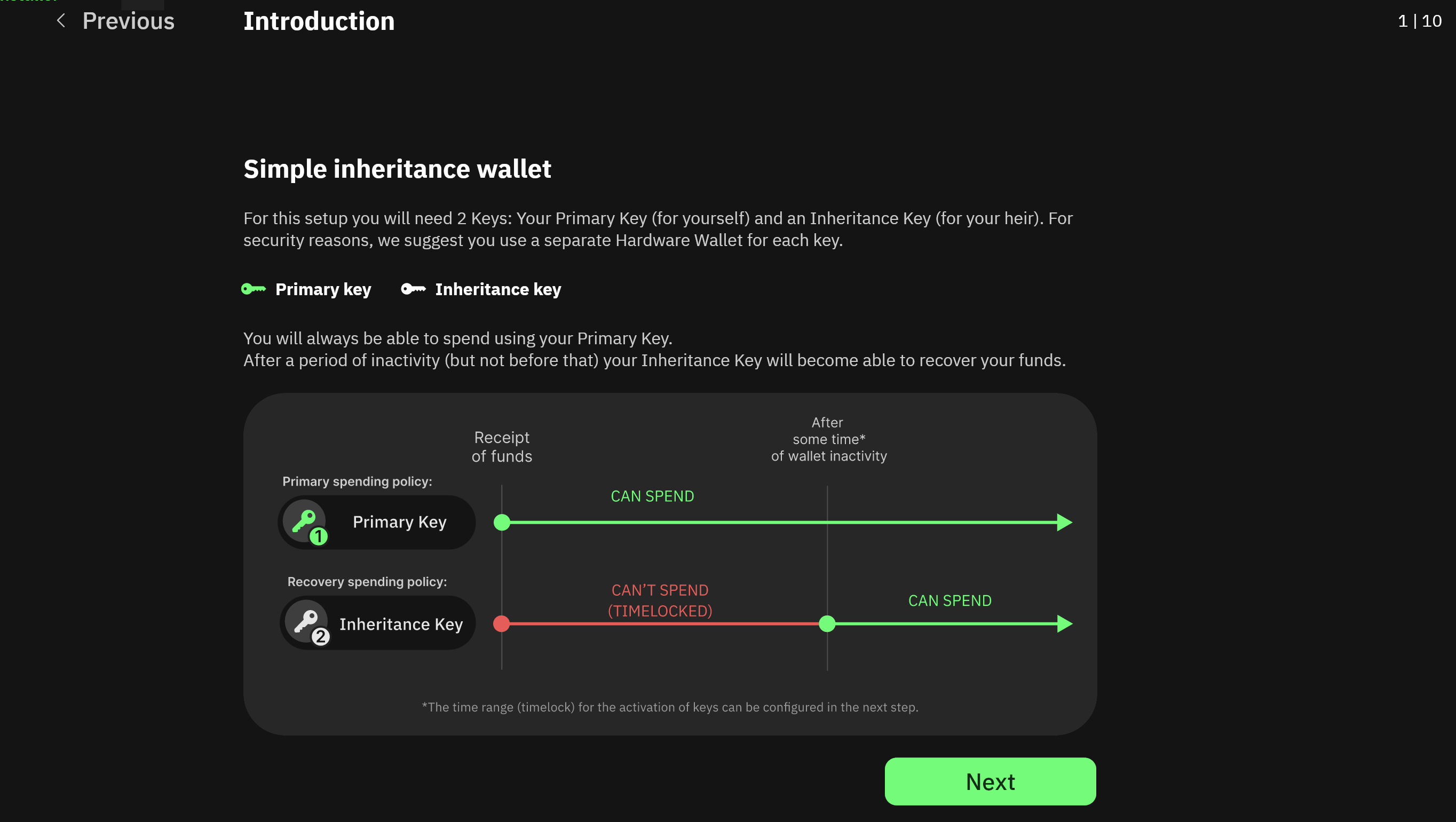 Interfaz de configuración de una bóveda de herencia con llave principal y llave de herencia