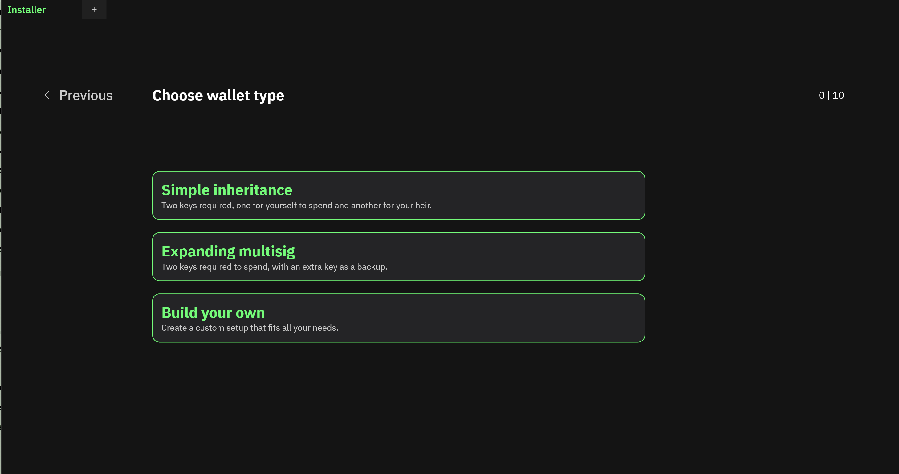 Pantalla de selección de tipo de bóveda: herencia simple, multifirma expandible o configuración propia